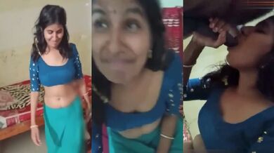 नीली ब्लाउज पहनी न्यूलीवेड तमिल वाइफ का ब्लोजॉब